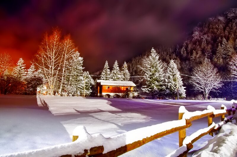 Cabin in Snowy Landscape — White, Serene, Night, Photograph, Trees