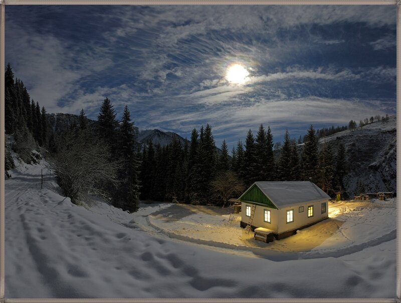Cabin in Snowy Landscape — White, Serene, Night