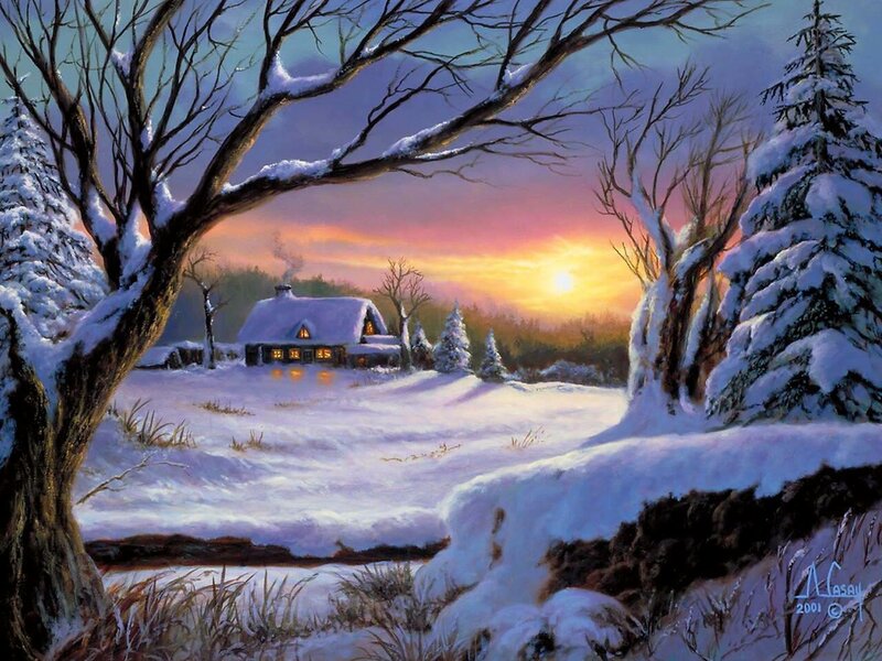 Cabin in Snowy Landscape — White, Serene, Sunset