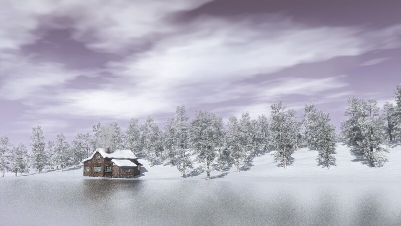 Cabin in Snowy Landscape — White, Serene, Winter, 3d Render, Trees