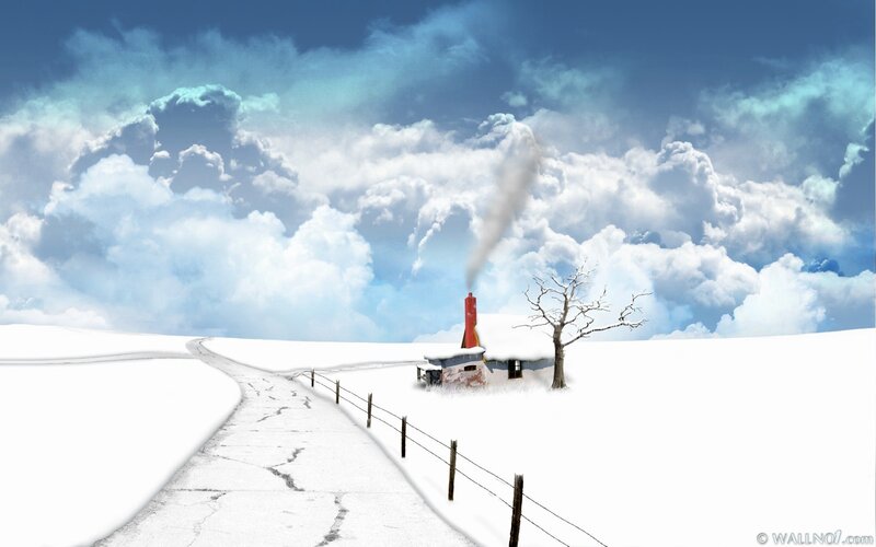 Cabin in Snowy Landscape — White, Serene, Winter, Digital Art, Road
