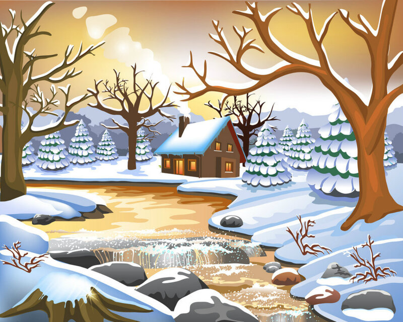 Cabin in Snowy Landscape — White, Serene, Winter, Illustration