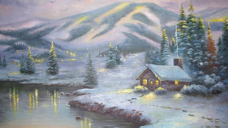 Cabin in Snowy Landscape — White, Serene, Winter, Painting, Mountains