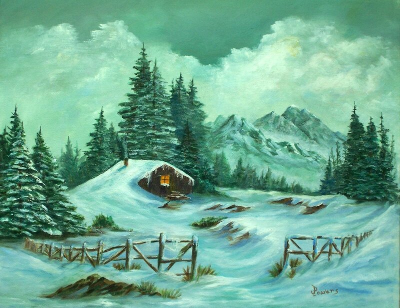 Cabin in Snowy Landscape — White, Serene, Winter, Painting, Mountains, Trees, Fence