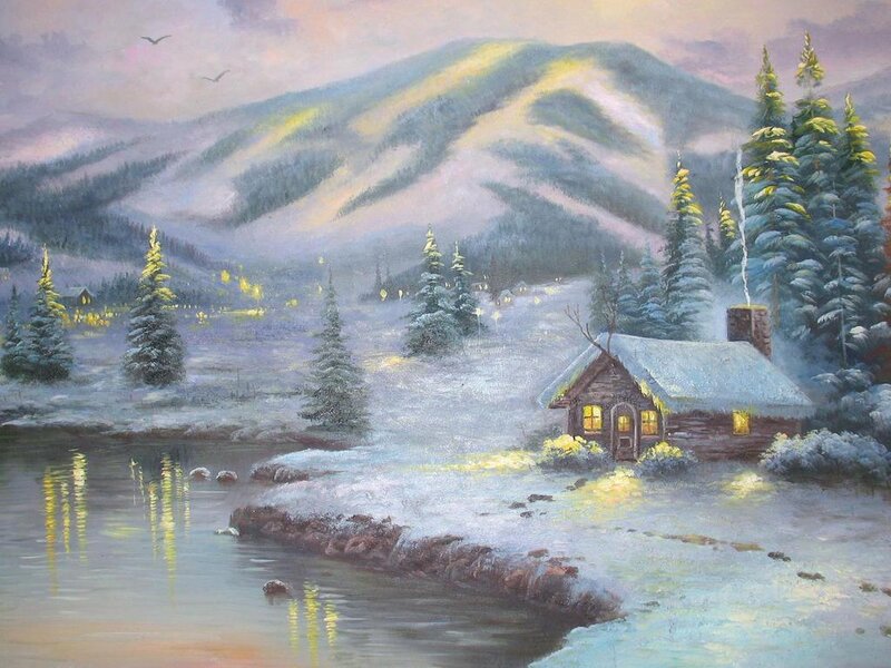 Cabin in Snowy Landscape — White, Serene, Winter, Painting, Mountains, Trees