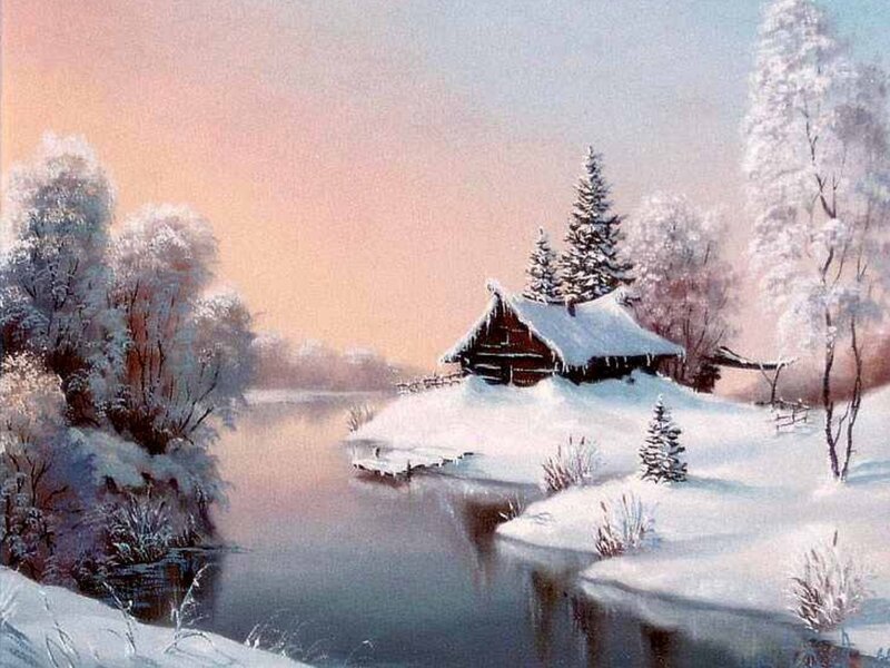 Cabin in Snowy Landscape — White, Serene, Winter, Painting, River