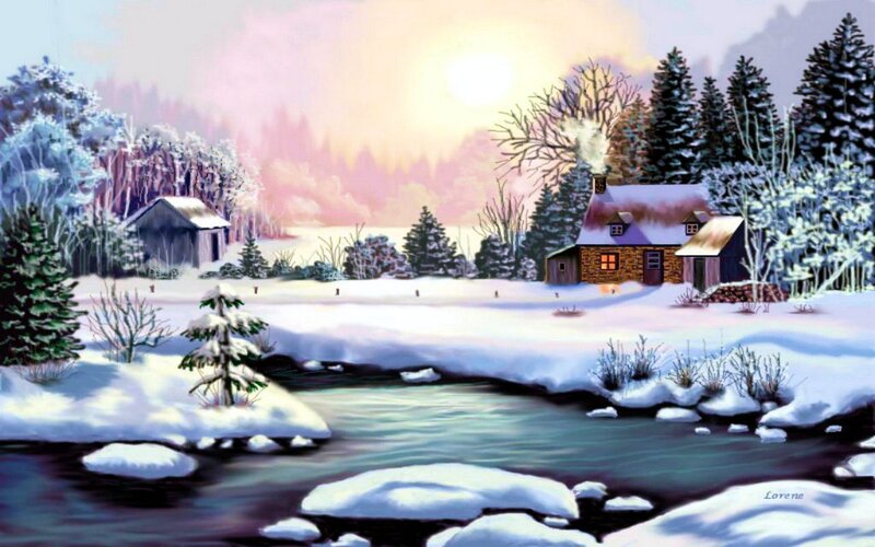 Cabin in Snowy Landscape — White, Serene, Winter, Painting, River, Trees, Smoke