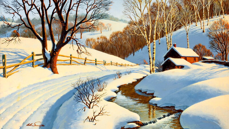 Cabin in Snowy Landscape — White, Serene, Winter, Painting, River, Trees