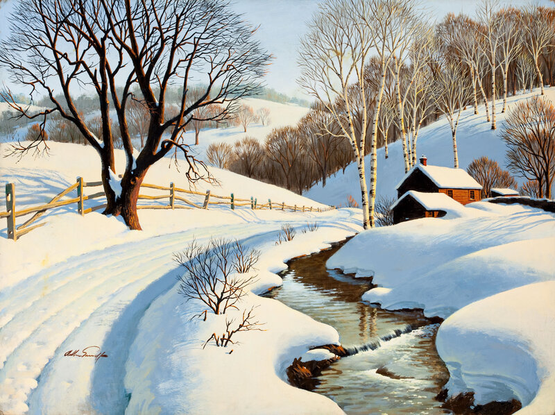 Cabin in Snowy Landscape — White, Serene, Winter, Painting, Stream