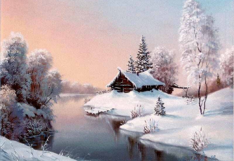 Cabin in Snowy Landscape — White, Serene, Winter, Painting
