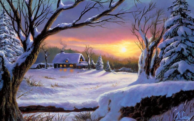 Cabin in Snowy Landscape — White, Serene, Winter, Painting, Trees, Snow