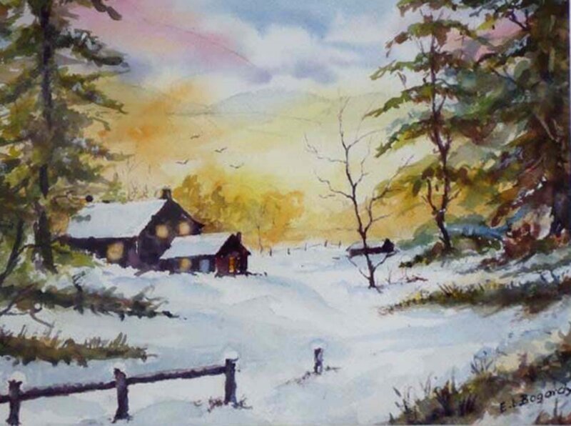 Cabin in Snowy Landscape — White, Serene, Winter, Painting, Trees