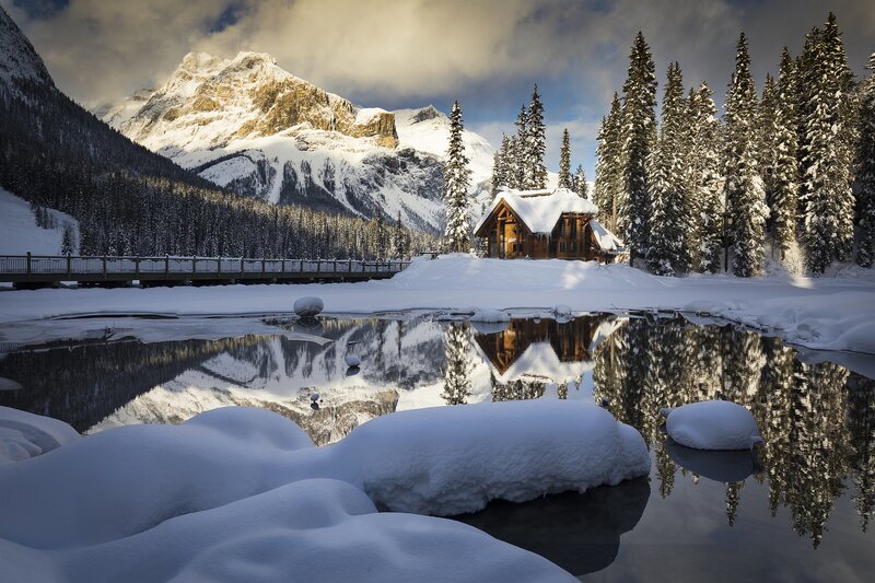 Cabin in Snowy Landscape — White, Serene, Winter, Photograph, Mountain