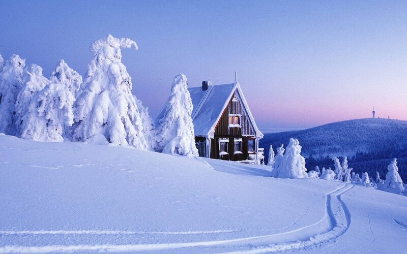 Cabin in Snowy Landscape — White, Serene, Winter, Photograph, Snow-covered Trees, Mountain, Ski Tracks