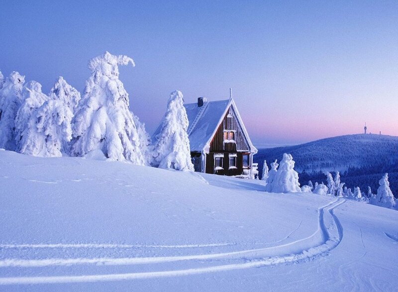 Cabin in Snowy Landscape — White, Serene, Winter, Photograph, Snow-covered Trees