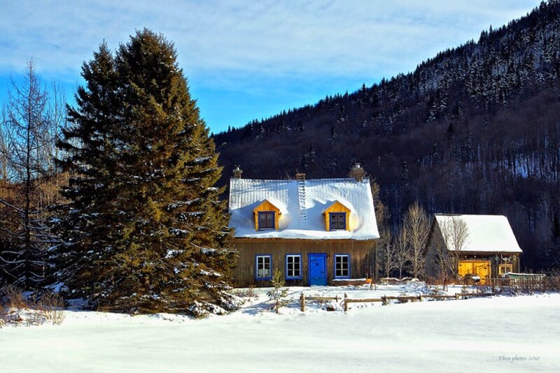 Cabin in Snowy Landscape — White, Serene, Winter, Photograph