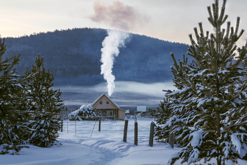 Cabin in Snowy Landscape — White, Serene, Winter, Photograph, Trees, Mountain, Smoke