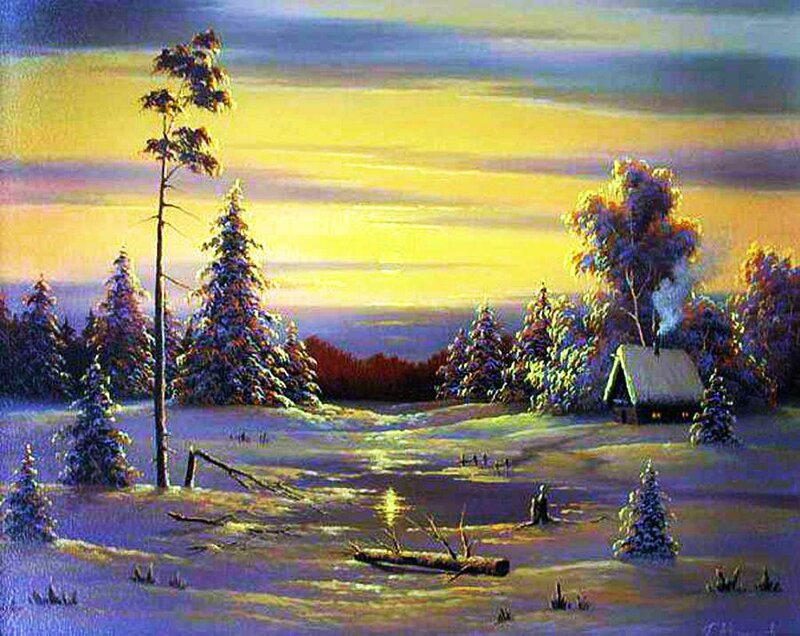 Cabin in Snowy Landscape — Yellow, Serene