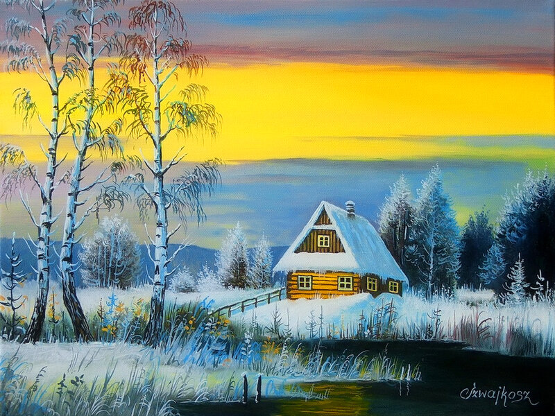 Cabin in Snowy Landscape — Yellow, Serene, Winter