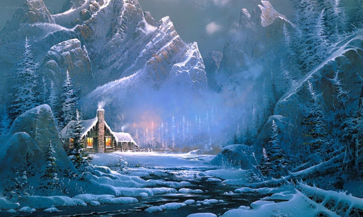Cabin in snowy mountain valley