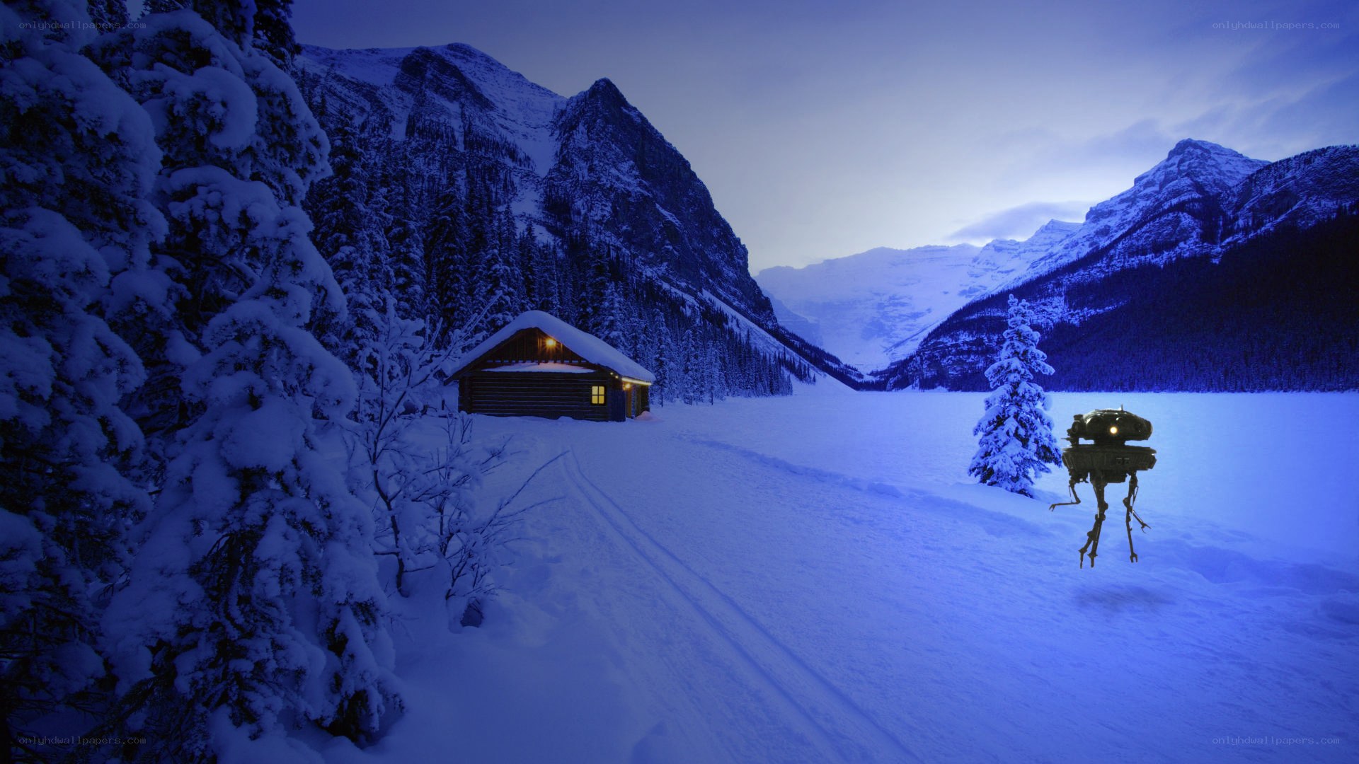 cabin in snowy mountains