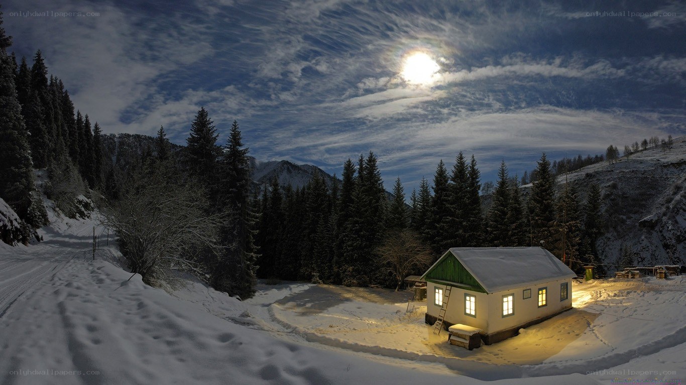 Cabin in snowy mountains