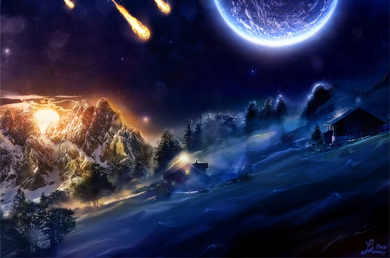 Cabin in Snowy Mountains — Blue, Dramatic, Night