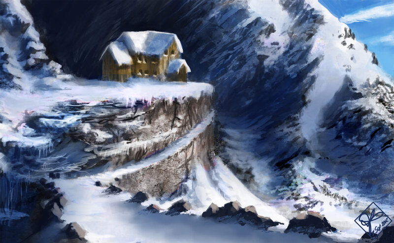 Cabin in Snowy Mountains — Blue, Dramatic