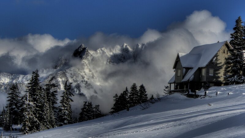 Cabin in Snowy Mountains — Blue, Dramatic, Winter, Photograph