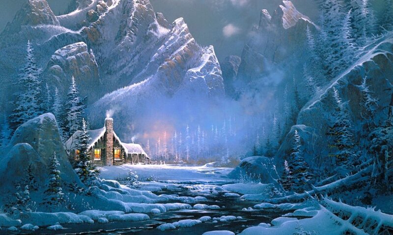 Cabin in Snowy Mountains — Blue, Serene, Night, Digital Art, River