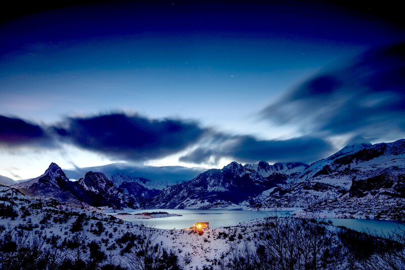 Cabin in Snowy Mountains — Blue, Serene, Night, Photograph, Lake