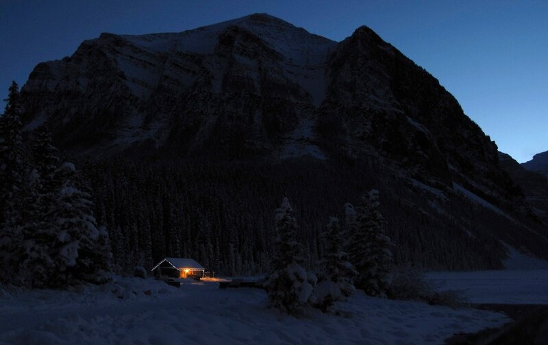 Cabin in Snowy Mountains — Blue, Serene, Night, Photograph, Mountain