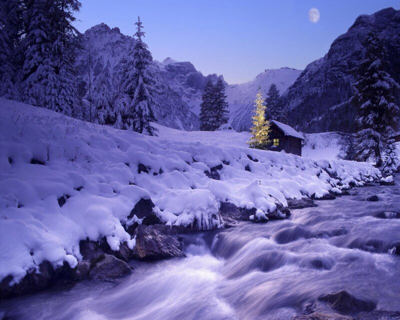 Cabin in Snowy Mountains — Blue, Serene, Night, Photograph, River