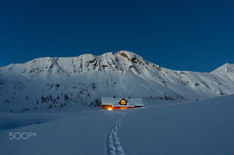 Cabin in Snowy Mountains — Blue, Serene, Night, Photograph, Snow