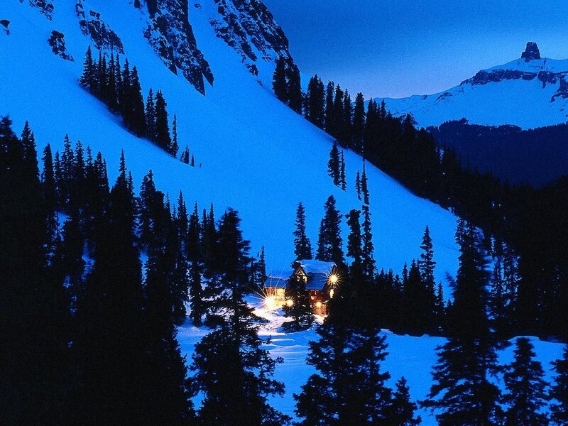 Cabin in Snowy Mountains — Blue, Serene, Night, Photograph, Trees, Snow