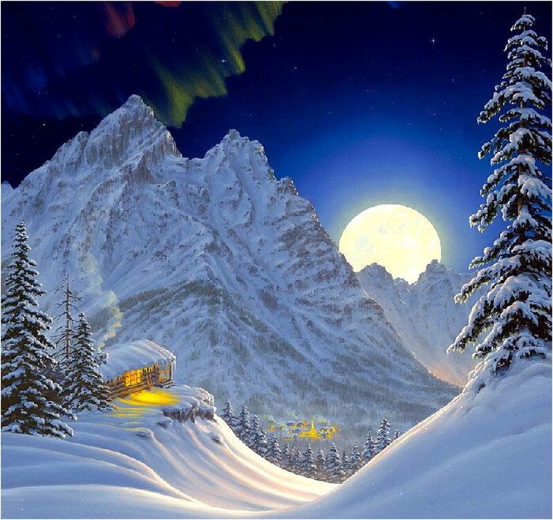 Cabin in Snowy Mountains — Blue, Serene, Night