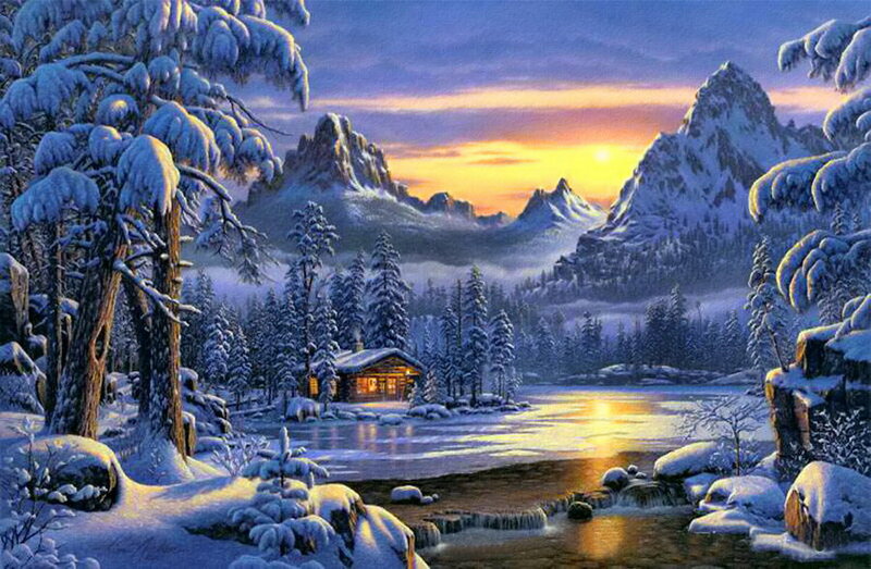 Cabin in Snowy Mountains — Blue, Serene, Sunset