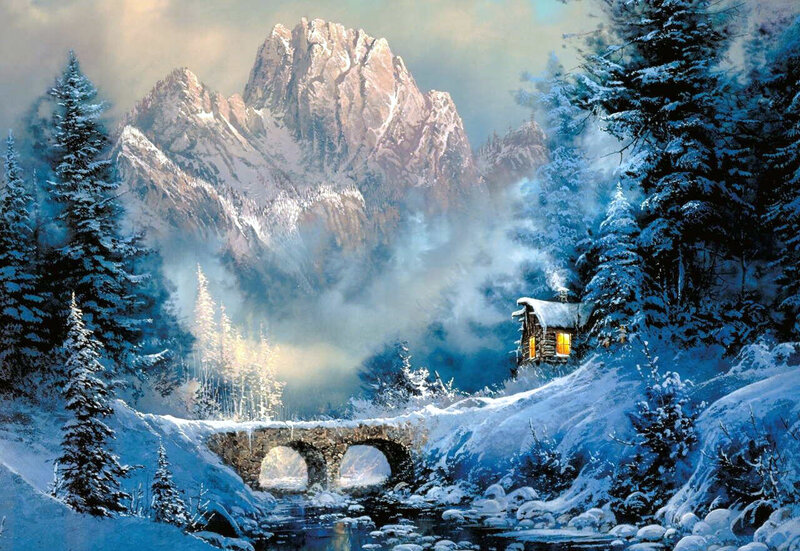 Cabin in Snowy Mountains — Blue, Serene