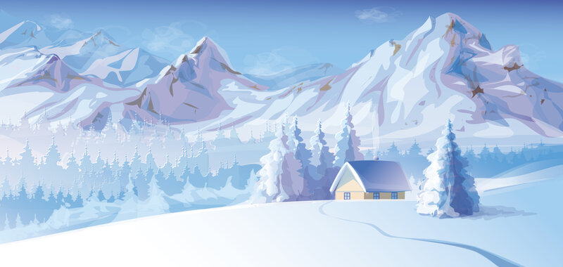 Cabin in Snowy Mountains — Blue, Serene, Winter, Illustration