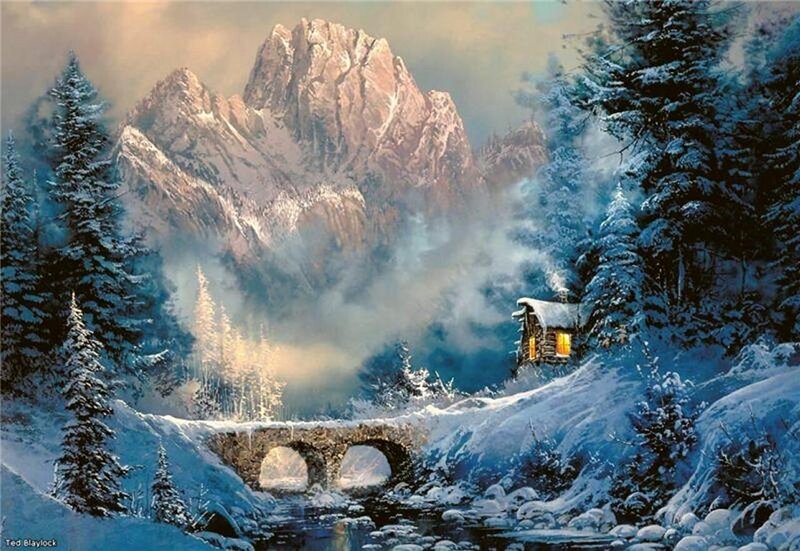 Cabin in Snowy Mountains — Blue, Serene, Winter, Painting, Mountain, Bridge