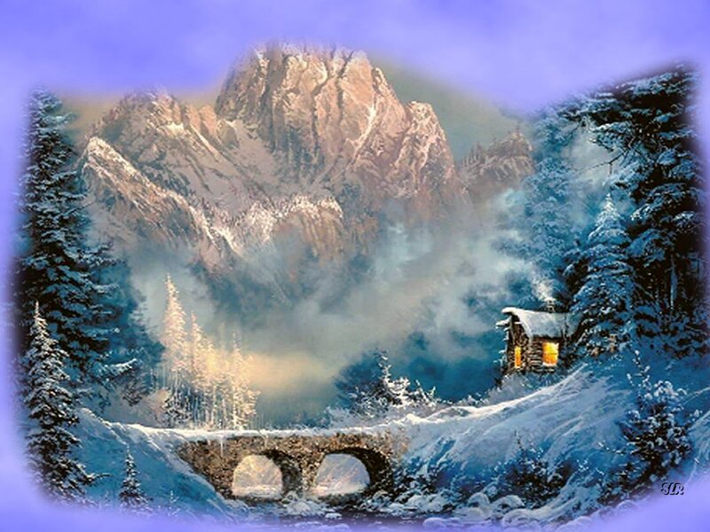 Cabin in Snowy Mountains — Blue, Serene, Winter, Painting, Mountain