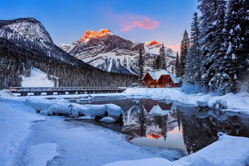 Cabin in Snowy Mountains — Blue, Serene, Winter, Photograph, River, Trees