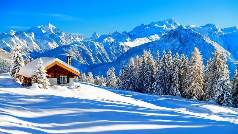 Cabin in Snowy Mountains — Blue, Serene, Winter, Photograph, Trees, Snow