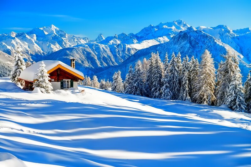 Cabin in Snowy Mountains — Blue, Serene, Winter, Photograph, Trees