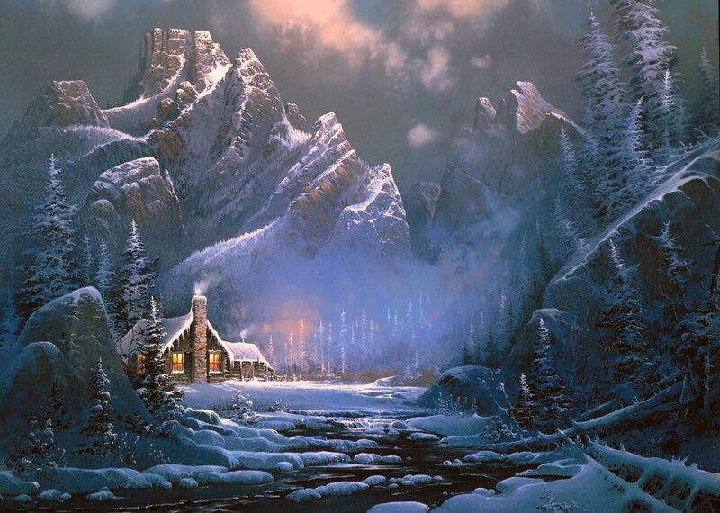 Cabin in Snowy Mountains — Blue, Serene, Winter