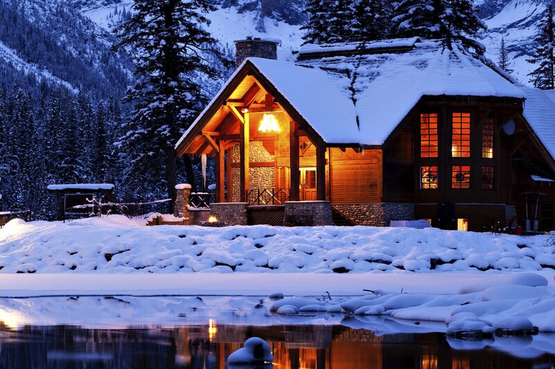 Cabin in Snowy Mountains — White, Serene, Night, Photograph, Snow