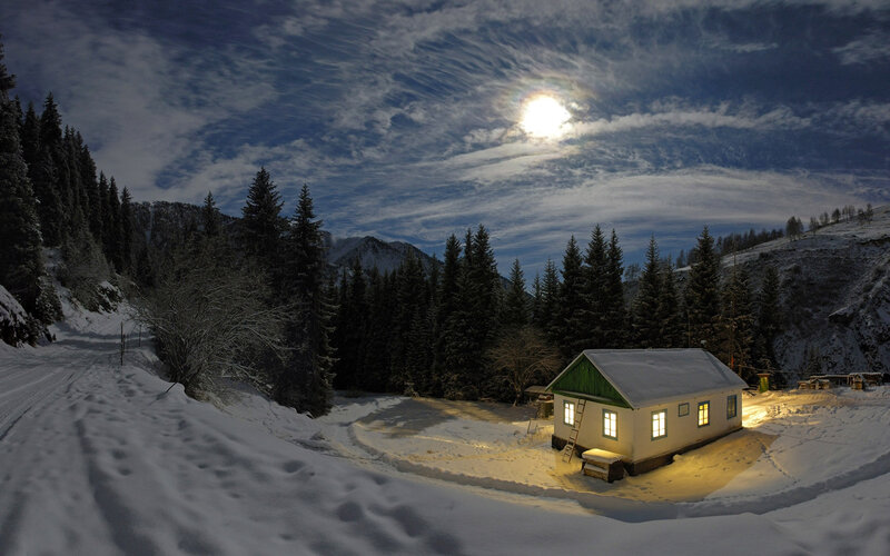 Cabin in Snowy Mountains — White, Serene, Night