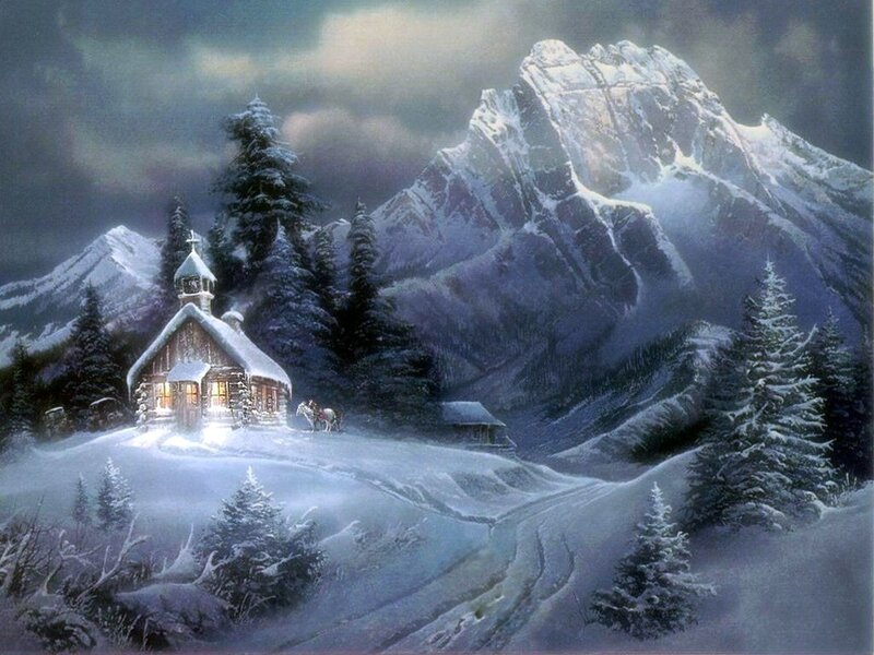 Cabin in Snowy Mountains — White, Serene, Winter, Painting, Trees