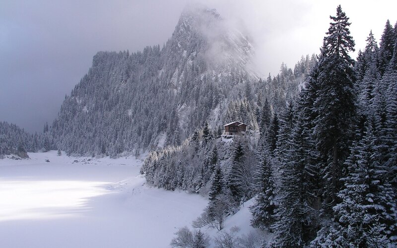 Cabin in Snowy Mountains — White, Serene, Winter, Photograph, Mountain