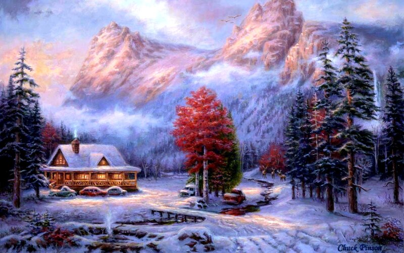 Cabin in Snowy Mountains — White, Serene, Winter